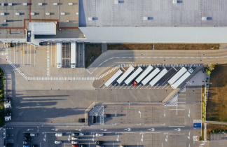 Aerial View of Tractor Trailers in Parking Lot